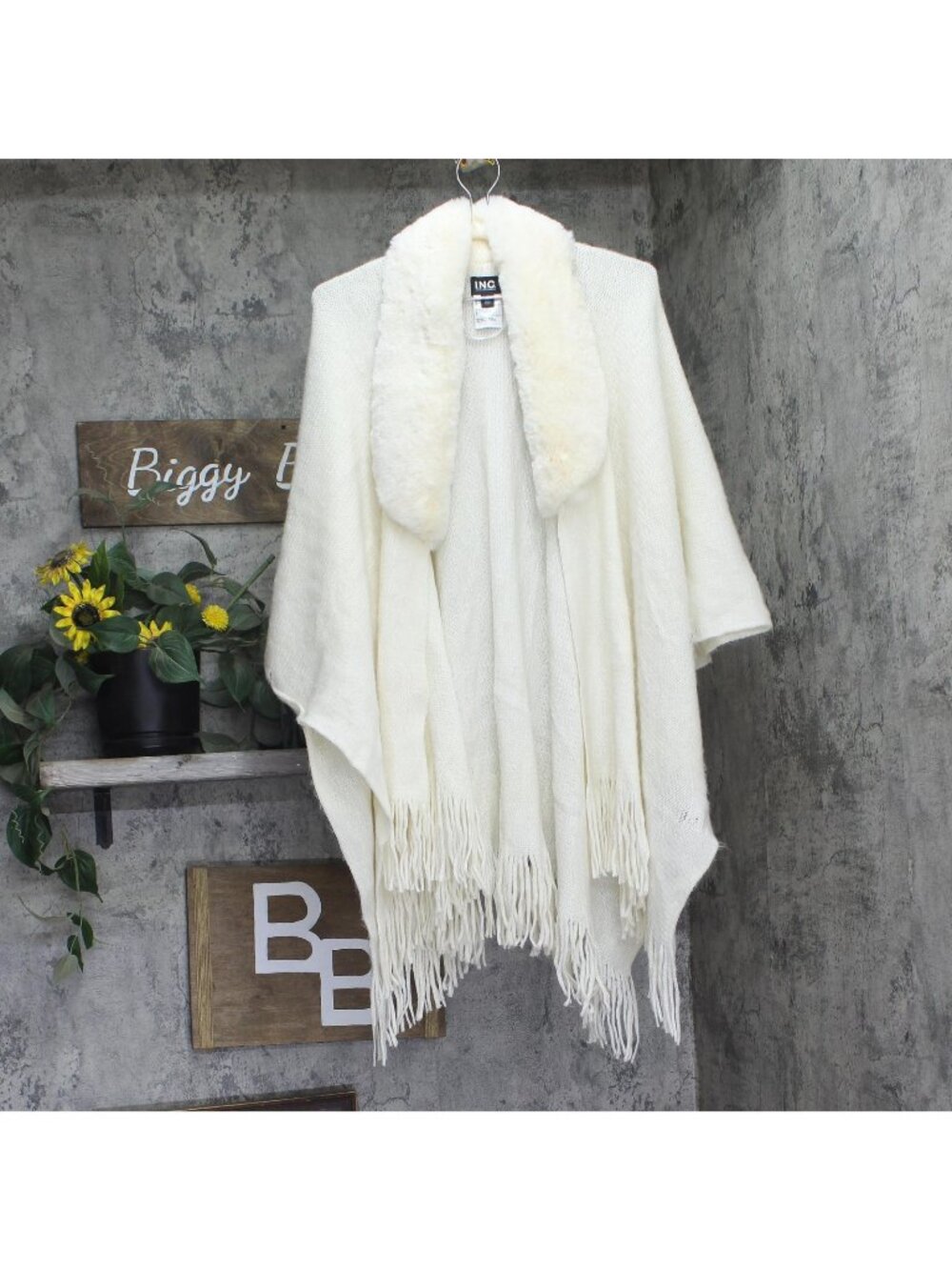 INC International Concepts Fringe Faux Fur Collar Topper Poncho Ivory Off White